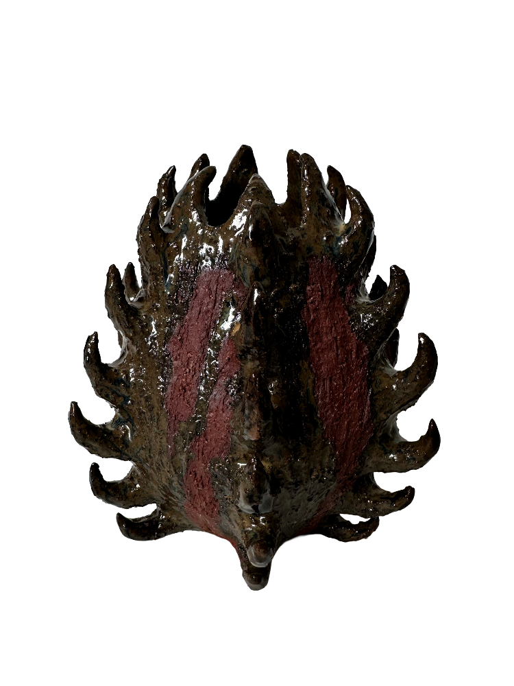 Pod — flame-edged vessel with oxblood streaks