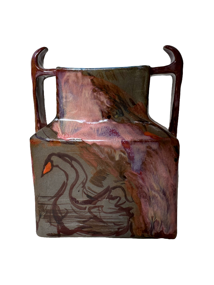 Swan of Tuonela — slab-built vessel with horn handles